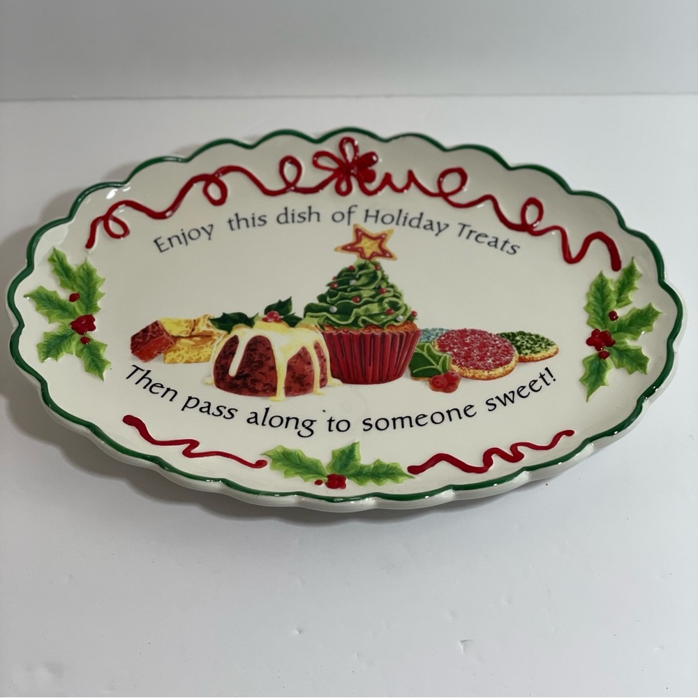 Fitz and Floyd White Ribbon Holly Earthenware Holiday Treats Cookie Platter